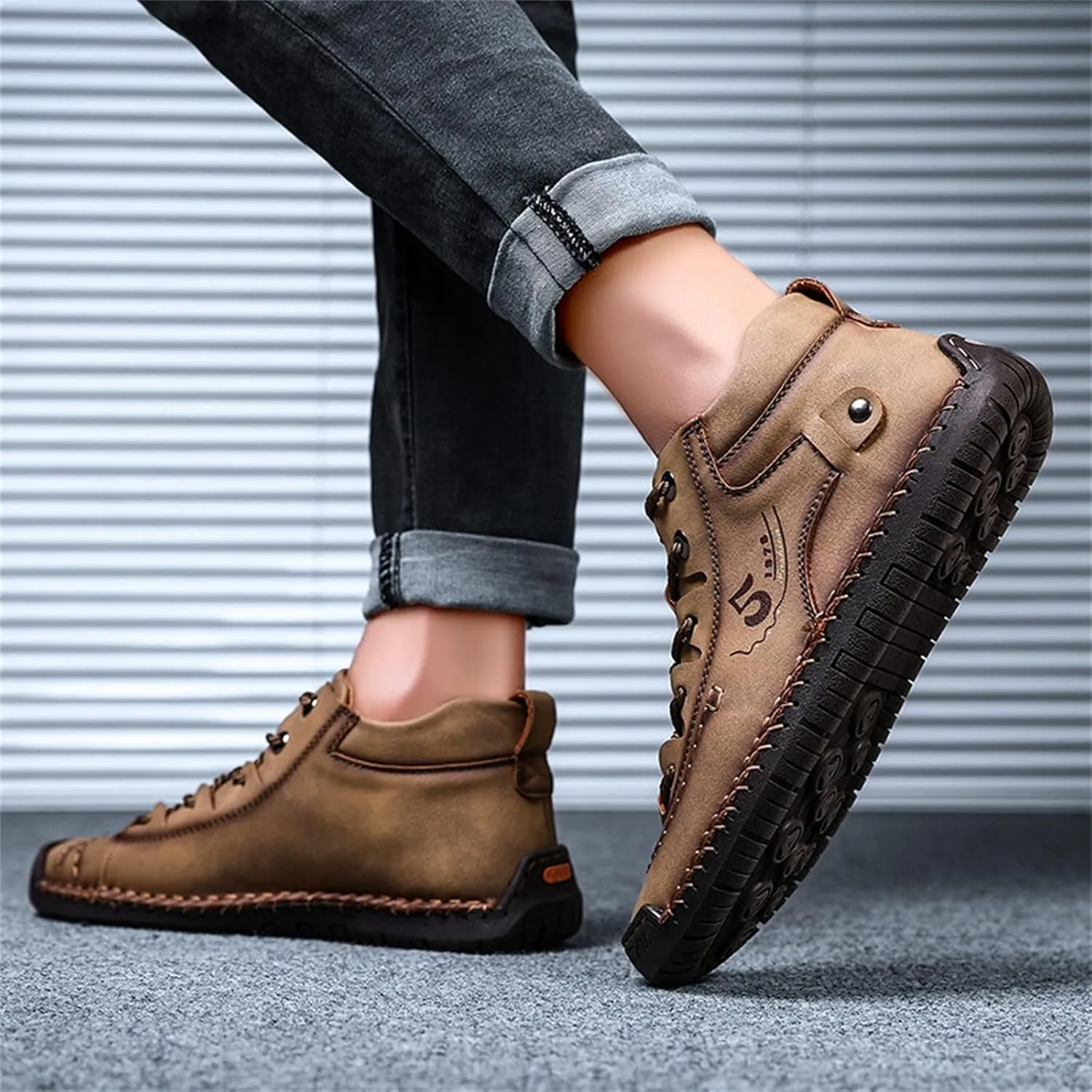 Dress Shoe Laces Men Leather Fashion Summer and Autumn Men Leather Shoes Flat Soft Bottom Comfortable Mid Top Lace Up Casual Men's Handmade Leather Custom Shoes (Khaki, 9)