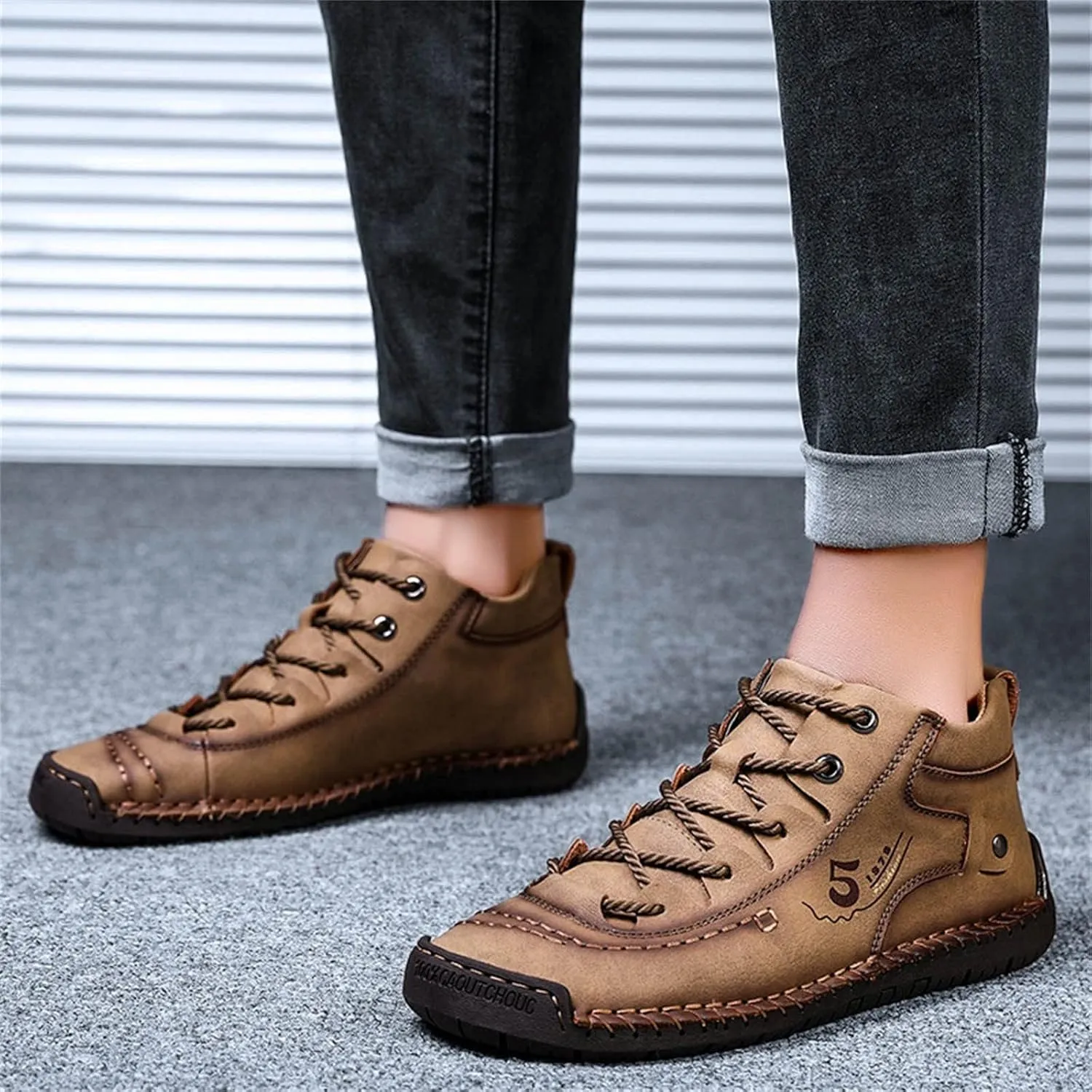 Dress Shoe Laces Men Leather Fashion Summer and Autumn Men Leather Shoes Flat Soft Bottom Comfortable Mid Top Lace Up Casual Men's Handmade Leather Custom Shoes (Khaki, 9)