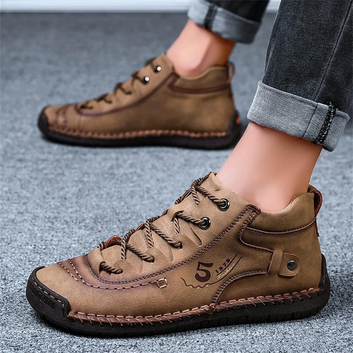 Dress Shoe Laces Men Leather Fashion Summer and Autumn Men Leather Shoes Flat Soft Bottom Comfortable Mid Top Lace Up Casual Men's Handmade Leather Custom Shoes (Khaki, 9)