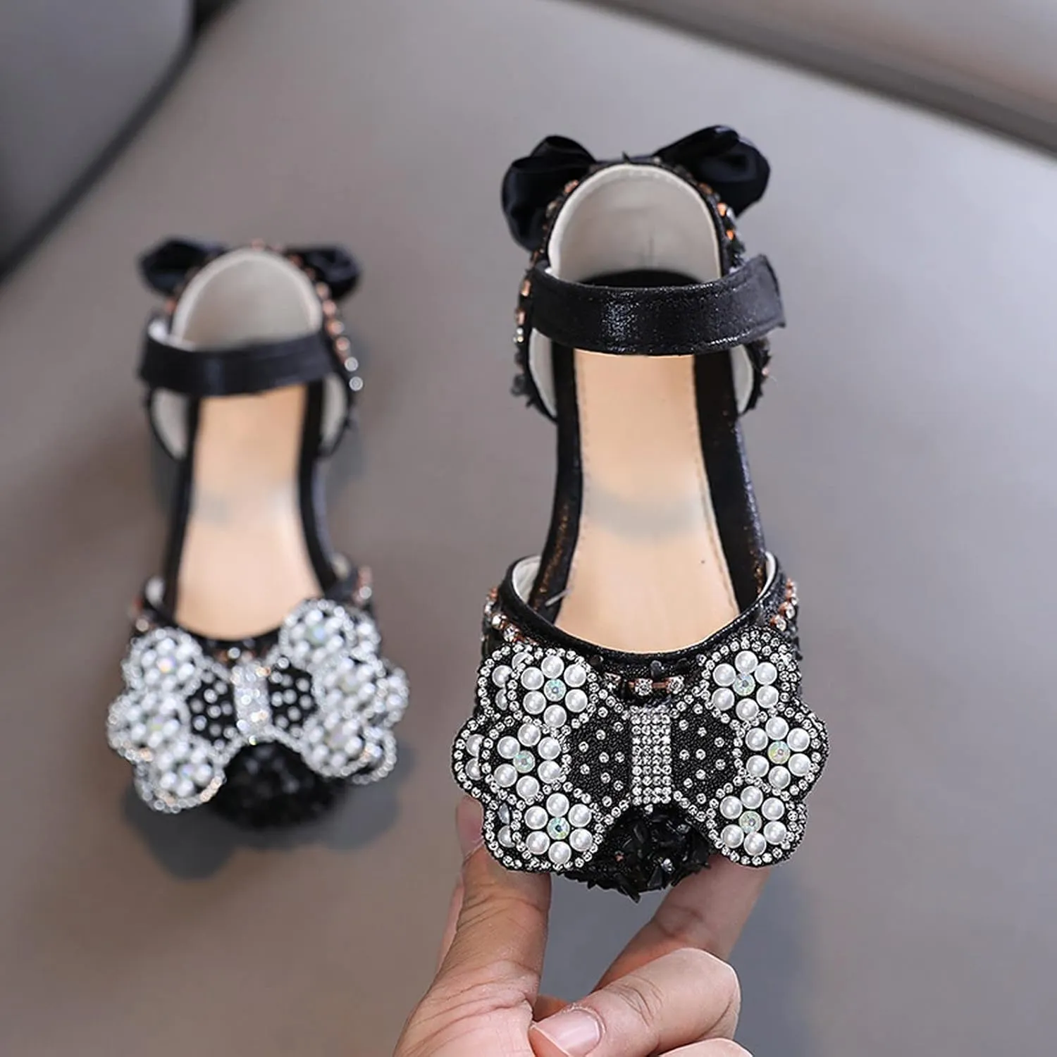Girls Dress Shoes Cute Bow Mary Jane Shoes Ballerina with Satin Ankle Tie for Wedding Birthday Party Baby Swim Shoes (Black, 7.5 Toddler)