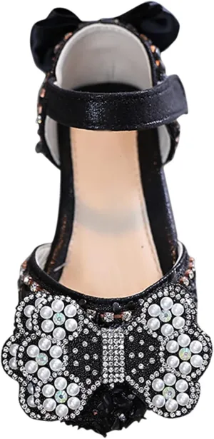 Girls Dress Shoes Cute Bow Mary Jane Shoes Ballerina with Satin Ankle Tie for Wedding Birthday Party Baby Swim Shoes (Black, 7.5 Toddler)