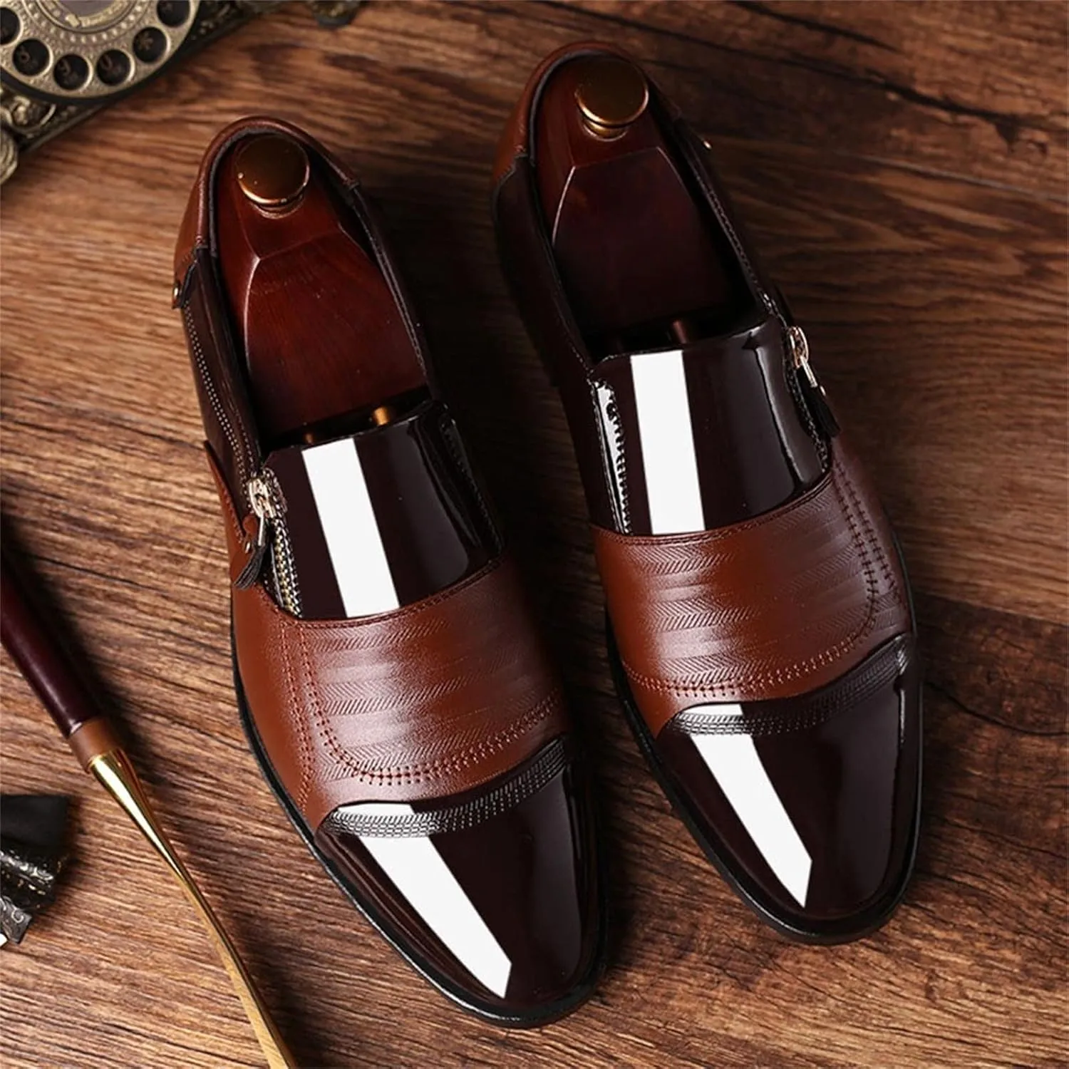 Mens Classic Leather Shoes Classical Style Men's Breathable Hollow Business Casual Pointed Shoes Leather Cap