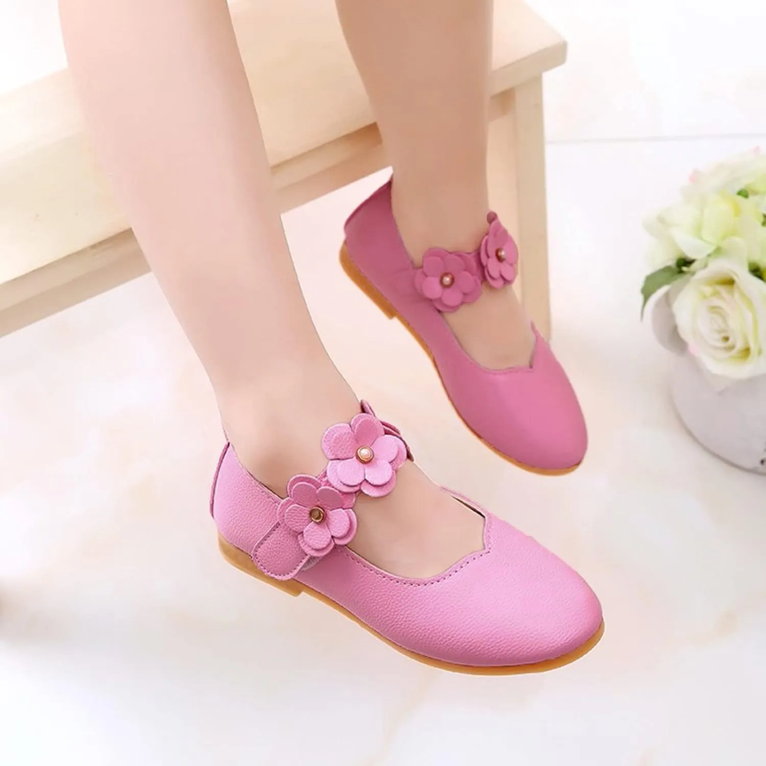 Toddler/Little Girls Mary Jane Ballerina Flat Princess Flower Girl Non-Slip Soft Slip On Dress Shoes for Wedding