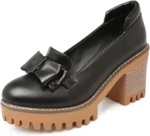 Women's Round Toe Chunky Heel Block Platform Oxfords Shoes Fashion Casual Bowknot Loafers Comfortable Slip-On Business Work Office Dress Pumps