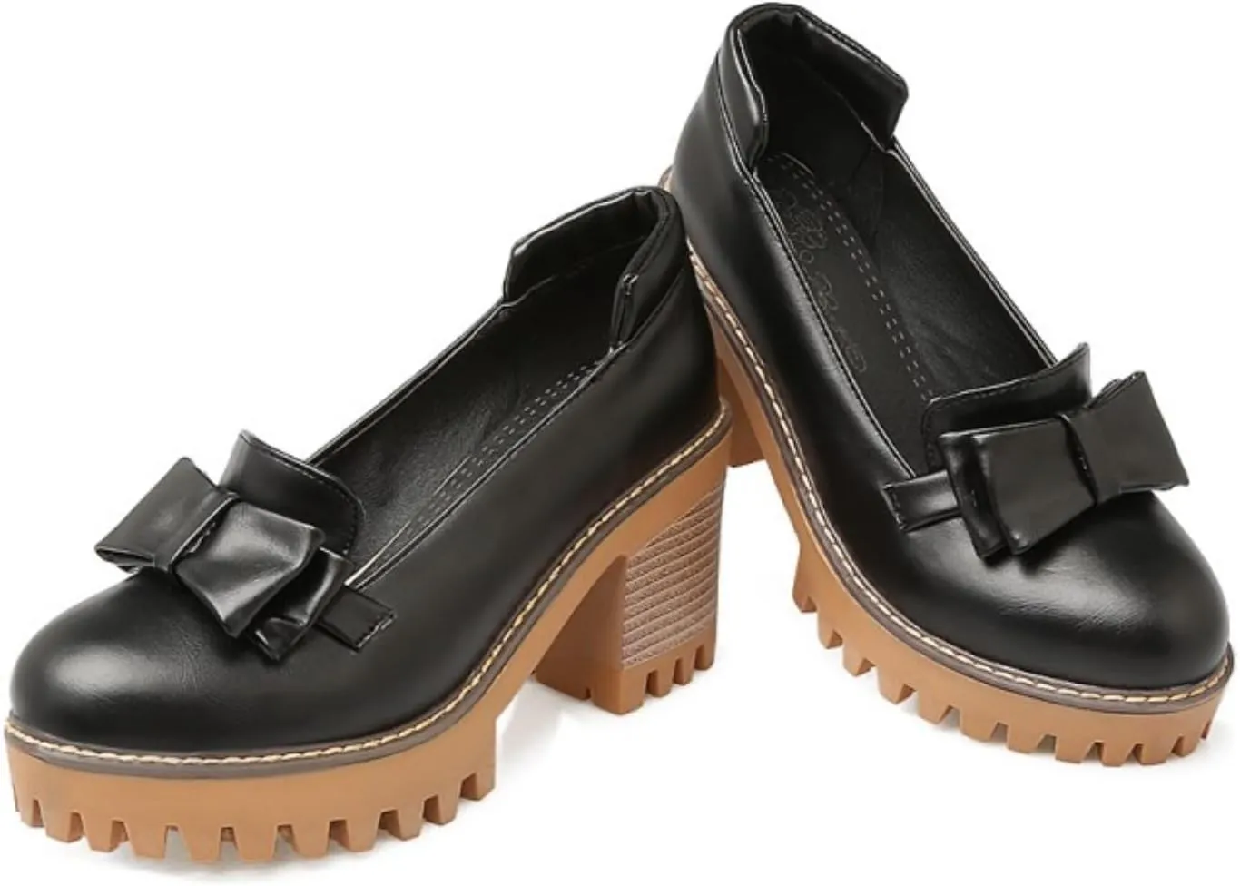 Women's Round Toe Chunky Heel Block Platform Oxfords Shoes Fashion Casual Bowknot Loafers Comfortable Slip-On Business Work Office Dress Pumps