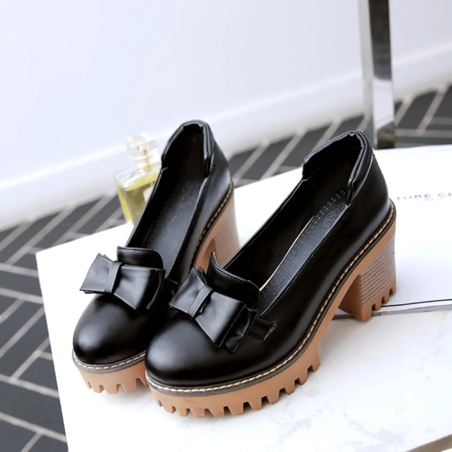 Women's Round Toe Chunky Heel Block Platform Oxfords Shoes Fashion Casual Bowknot Loafers Comfortable Slip-On Business Work Office Dress Pumps