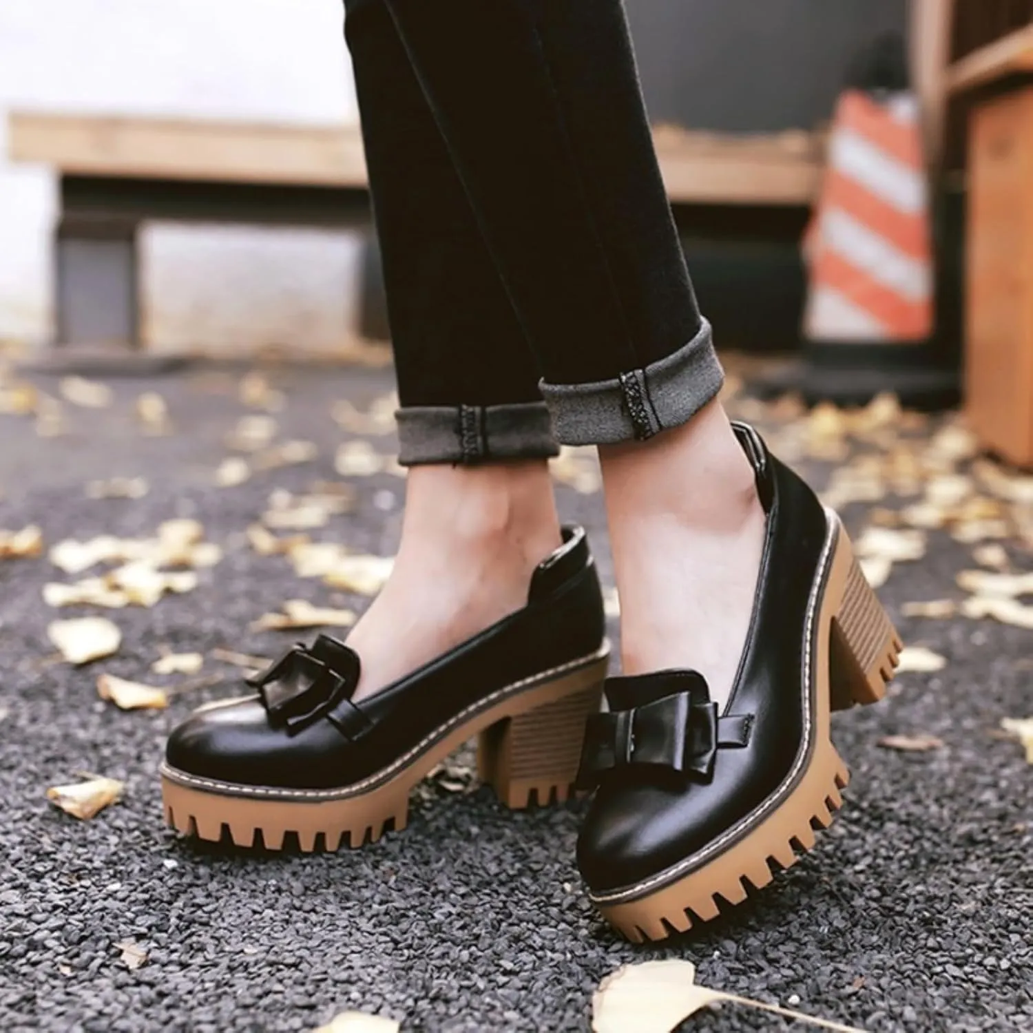 Women's Round Toe Chunky Heel Block Platform Oxfords Shoes Fashion Casual Bowknot Loafers Comfortable Slip-On Business Work Office Dress Pumps